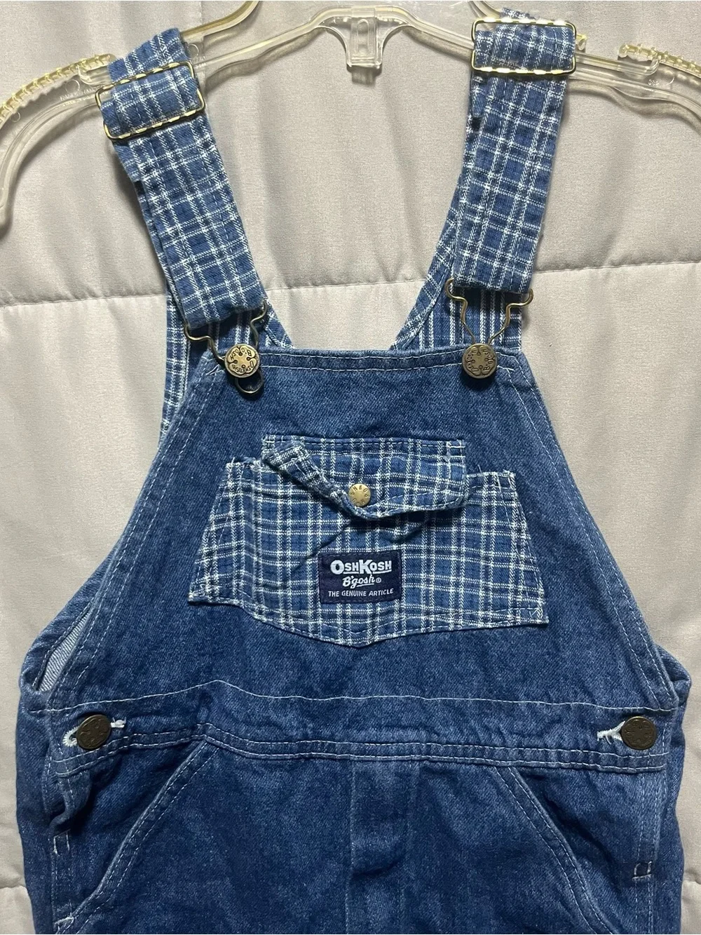 Vintage 90s OshKosh B’Gosh Denim Overalls Size 7 Plaid Accent Kids